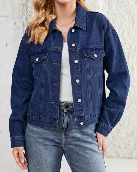 GRAPENT Jean Jacket Women Trendy Button Up Classic Oversized Denim Jackets Loose Fit, Side Seam Tabs for Adjustable Fit, Functional Pockets, Denim Trucker Jackets, Work Casual Oufits, Weekend Outings
