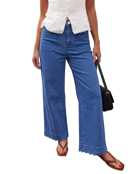 GRAPENT Jeans for Women Scalloped Straight Leg Ankle Stretchy Denim Pants | Straight Wide Leg Jeans, High Waisted, 27.5" Inseam, Patched Pockets, Cute Scalloped Design, Work Office, Dressy Casual Wear