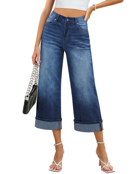 GRAPENT Wide Leg Jeans for Women High Waisted Stretchy Denim Capri Pants Fold Hem Cropped Baggy Capris Jeans with Pocket