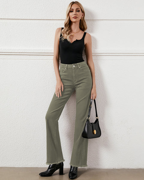 GRAPENT Straight Leg Jeans for Women High Waisted Stretchy Frayed Raw Hem Loose Denim Pants Casual Baggy Jean Trousers