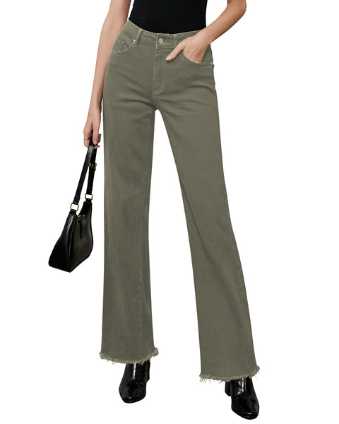 GRAPENT Straight Leg Jeans for Women High Waisted Stretchy Frayed Raw Hem Loose Denim Pants Casual Baggy Jean Trousers