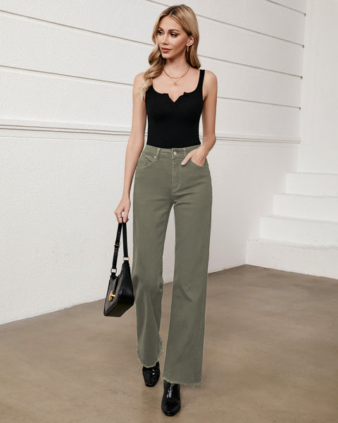 GRAPENT Straight Leg Jeans for Women High Waisted Stretchy Frayed Raw Hem Loose Denim Pants Casual Baggy Jean Trousers