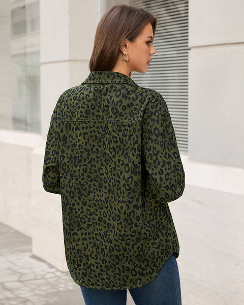 GRAPENT Women's Leopard Jean Jacket Oversized Cheetah Print Denim Shacket Non‑stretch, Leopard Print, Longline Silhouette, Button Down Denim Jackets, Flap Chest Pockets, Casual Outings, Fall Outfits