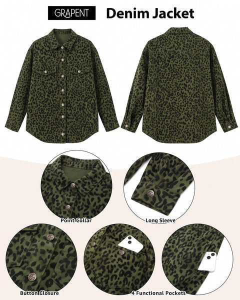 GRAPENT Women's Leopard Jean Jacket Oversized Cheetah Print Denim Shacket Non‑stretch, Leopard Print, Longline Silhouette, Button Down Denim Jackets, Flap Chest Pockets, Casual Outings, Fall Outfits