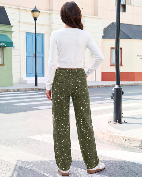 GRAPENT Straight Leg Jeans for Women Deer Print High Waisted Denim Pants Adjustable Cinched Waist, Stretchy, Allover Speckled Print, Full Length, 29.5" Inseam, Country Concert, Casual Daily Wear