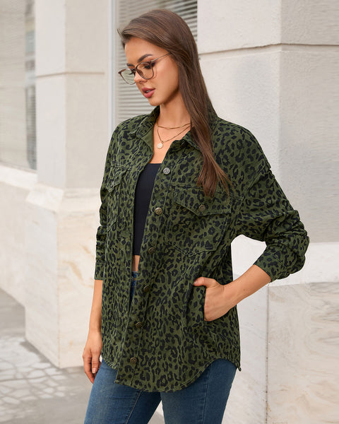 GRAPENT Women's Leopard Jean Jacket Oversized Cheetah Print Denim Shacket Non‑stretch, Leopard Print, Longline Silhouette, Button Down Denim Jackets, Flap Chest Pockets, Casual Outings, Fall Outfits