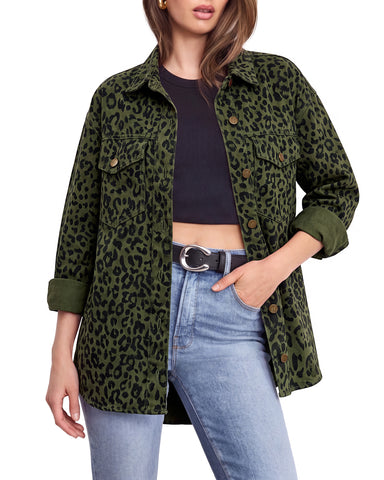 GRAPENT Women's Leopard Jean Jacket Oversized Cheetah Print Denim Shacket Non‑stretch, Leopard Print, Longline Silhouette, Button Down Denim Jackets, Flap Chest Pockets, Casual Outings, Fall Outfits
