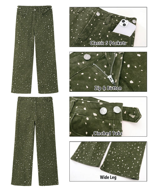 GRAPENT Straight Leg Jeans for Women Deer Print High Waisted Denim Pants Adjustable Cinched Waist, Stretchy, Allover Speckled Print, Full Length, 29.5" Inseam, Country Concert, Casual Daily Wear