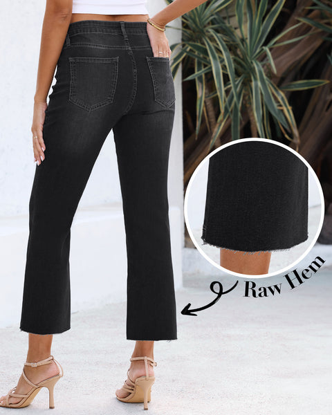 GRAPENT Women's High Waisted Flared Cropped Jeans Raw Hem Denim Pants