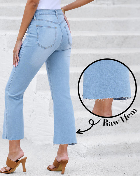 GRAPENT Women's High Waisted Flared Cropped Jeans Raw Hem Denim Pants