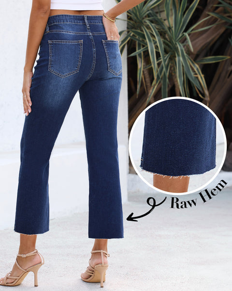 GRAPENT Women's High Waisted Flared Cropped Jeans Raw Hem Denim Pants