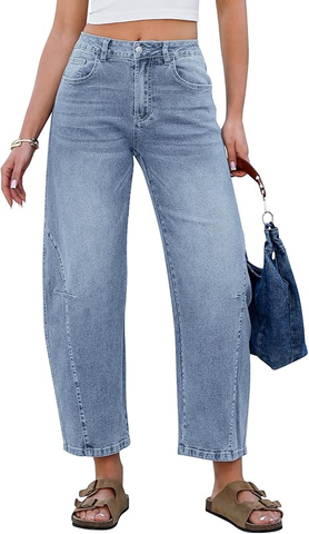 GRAPENT Barrel Jeans for Women Cropped Trendy High Waisted Baggy Side Seamed Casual Stretchy Denim Pants Wide Leg Jeans