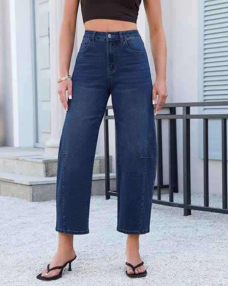 GRAPENT Barrel Jeans for Women Cropped Trendy High Waisted Baggy Side Seamed Casual Stretchy Denim Pants Wide Leg Jeans