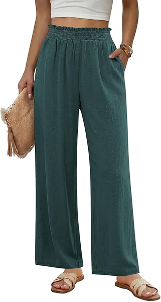 GRAPENT Linen Pants for Women Wide Leg High Waisted Paper Bag Smocked Waist Casual Summer Beach Vacation Palazzo Pants