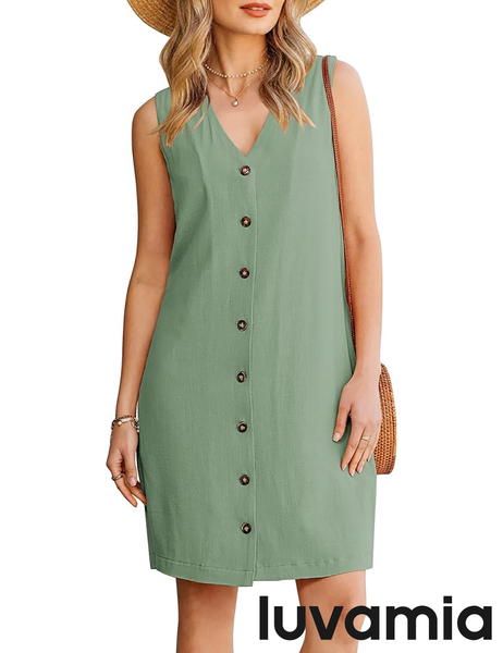 GPAPENT Linen Dresses for Women Summer Casual Sleeveless Button Down V Neck Pocket Self Tie Knee Length Loose Sun Dress