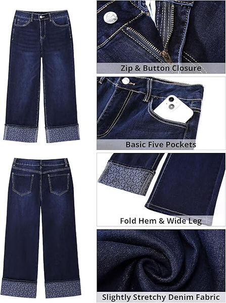 Grapent Women's High Waisted Cropped Wide Leg Jeans Trendy Printed Design Fold Hem Loose Straight Leg Stretchy Denim Pants Casual Daily Fashion Trousers