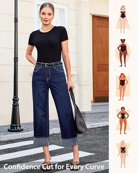 Grapent Women's High Waisted Cropped Wide Leg Jeans Trendy Printed Design Fold Hem Loose Straight Leg Stretchy Denim Pants Casual Daily Fashion Trousers