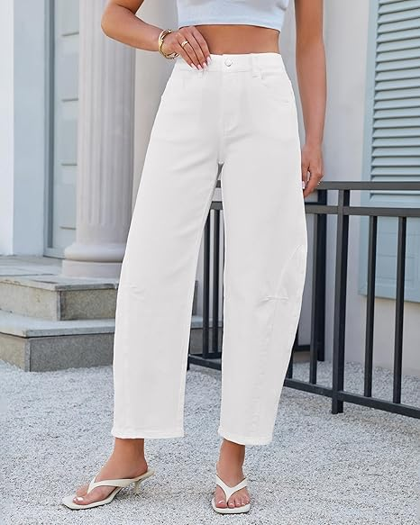 GRAPENT Barrel Jeans for Women Cropped Trendy High Waisted Baggy Side Seamed Casual Stretchy Denim Pants Wide Leg Jeans