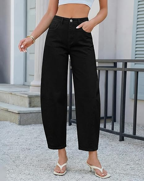 GRAPENT Barrel Jeans for Women Cropped Trendy High Waisted Baggy Side Seamed Casual Stretchy Denim Pants Wide Leg Jeans