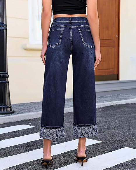 Grapent Women's High Waisted Cropped Wide Leg Jeans Trendy Printed Design Fold Hem Loose Straight Leg Stretchy Denim Pants Casual Daily Fashion Trousers