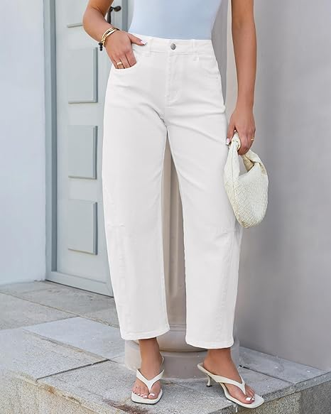 GRAPENT Barrel Jeans for Women Cropped Trendy High Waisted Baggy Side Seamed Casual Stretchy Denim Pants Wide Leg Jeans