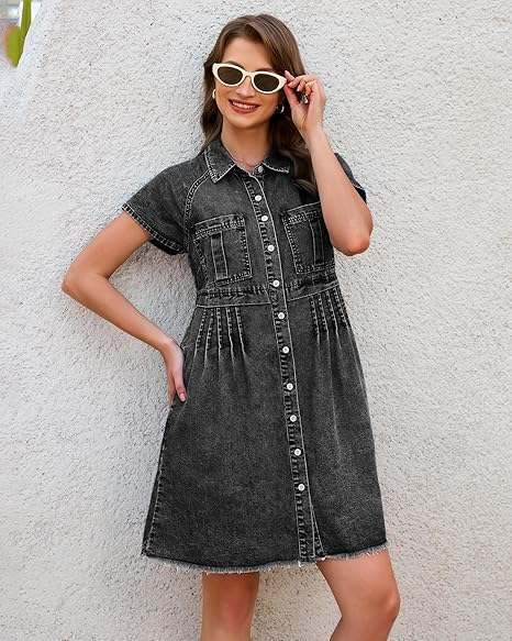 GRAPENT Denim Dresses for Women Short Sleeve Babydoll Pleated Raw Hem Distressed Casual Western Jean Dress with Pockets