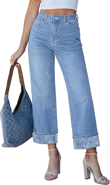 Grapent Women's High Waisted Cropped Wide Leg Jeans Trendy Printed Design Fold Hem Loose Straight Leg Stretchy Denim Pants Casual Daily Fashion Trousers
