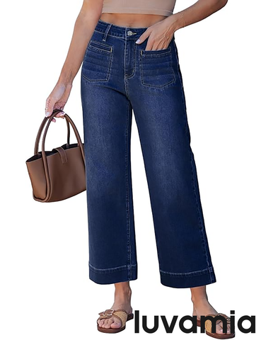 GRAPENT Wide Leg Jeans for Women Cropped High Waisted Trendy Patch Pocket Baggy Loose Straight Leg Stretchy Denim Pants