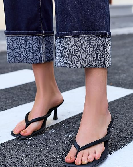 Grapent Women's High Waisted Cropped Wide Leg Jeans Trendy Printed Design Fold Hem Loose Straight Leg Stretchy Denim Pants Casual Daily Fashion Trousers