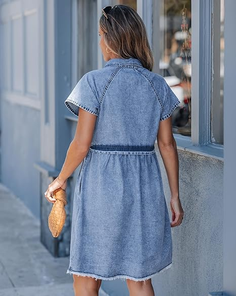 GRAPENT Denim Dresses for Women Short Sleeve Babydoll Pleated Raw Hem Distressed Casual Western Jean Dress with Pockets