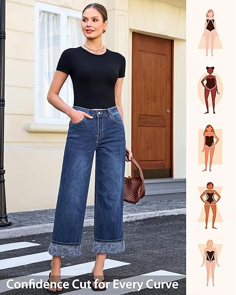 Grapent Women's High Waisted Cropped Wide Leg Jeans Trendy Printed Design Fold Hem Loose Straight Leg Stretchy Denim Pants Casual Daily Fashion Trousers