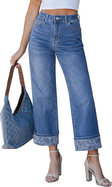 Grapent Women's High Waisted Cropped Wide Leg Jeans Trendy Printed Design Fold Hem Loose Straight Leg Stretchy Denim Pants Casual Daily Fashion Trousers