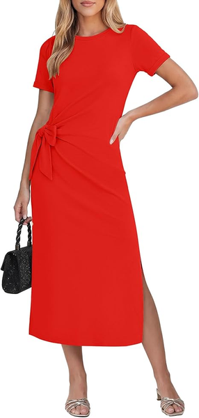 GRAPENT Long Dresses for Women Casual Summer Side Split Beach Vacation Short Sleeve Self Tie 2026 Comfy Tshirt Dress