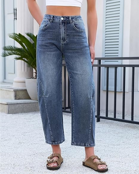 GRAPENT Barrel Jeans for Women Cropped Trendy High Waisted Baggy Side Seamed Casual Stretchy Denim Pants Wide Leg Jeans