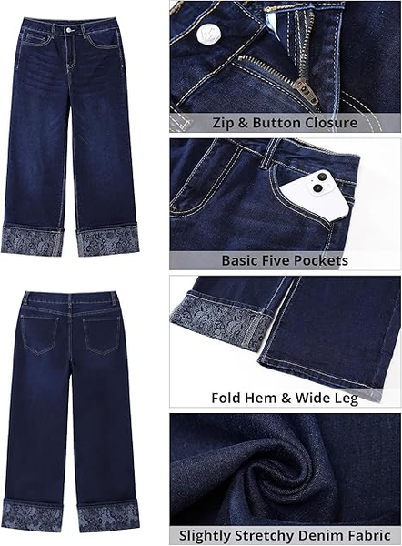 Grapent Women's High Waisted Cropped Wide Leg Jeans Trendy Printed Design Fold Hem Loose Straight Leg Stretchy Denim Pants Casual Daily Fashion Trousers