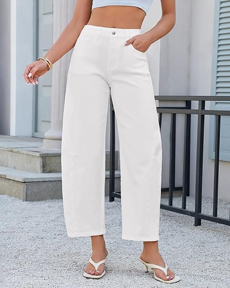 GRAPENT Barrel Jeans for Women Cropped Trendy High Waisted Baggy Side Seamed Casual Stretchy Denim Pants Wide Leg Jeans