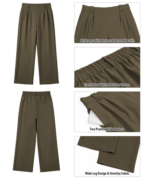 GRAPENT Dress Pants Women Wide Leg Business Casual Pull On Work Trousers | Pull On Closure, High Waisted, Elastic Back Waist, Front Pleated, Dressy Casual Pants, Office Wear, Business Casual Outfits