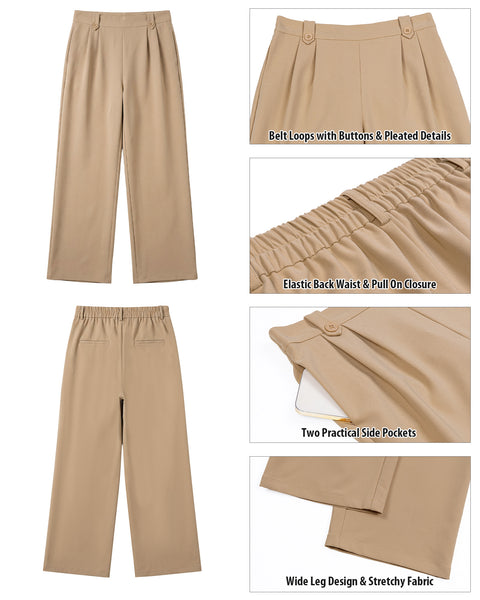GRAPENT Dress Pants Women Wide Leg Business Casual Pull On Work Trousers | Pull On Closure, High Waisted, Elastic Back Waist, Front Pleated, Dressy Casual Pants, Office Wear, Business Casual Outfits