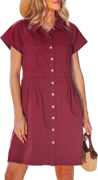 GRAPENT Denim Dresses for Women Short Sleeve Babydoll Pleated Raw Hem Distressed Casual Western Jean Dress with Pockets