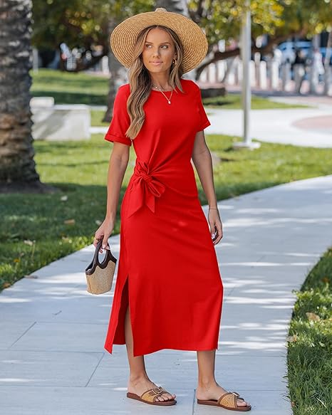 GRAPENT Long Dresses for Women Casual Summer Side Split Beach Vacation Short Sleeve Self Tie 2026 Comfy Tshirt Dress