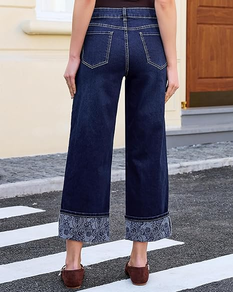 Grapent Women's High Waisted Cropped Wide Leg Jeans Trendy Printed Design Fold Hem Loose Straight Leg Stretchy Denim Pants Casual Daily Fashion Trousers