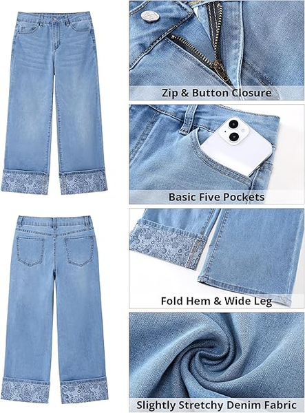 Grapent Women's High Waisted Cropped Wide Leg Jeans Trendy Printed Design Fold Hem Loose Straight Leg Stretchy Denim Pants Casual Daily Fashion Trousers
