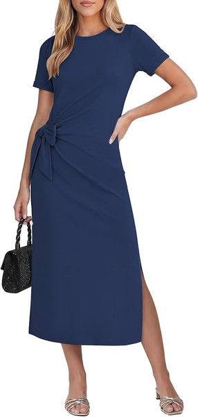 GRAPENT Long Dresses for Women Casual Summer Side Split Beach Vacation Short Sleeve Self Tie 2026 Comfy Tshirt Dress