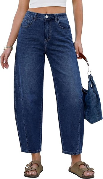 GRAPENT Barrel Jeans for Women Cropped Trendy High Waisted Baggy Side Seamed Casual Stretchy Denim Pants Wide Leg Jeans