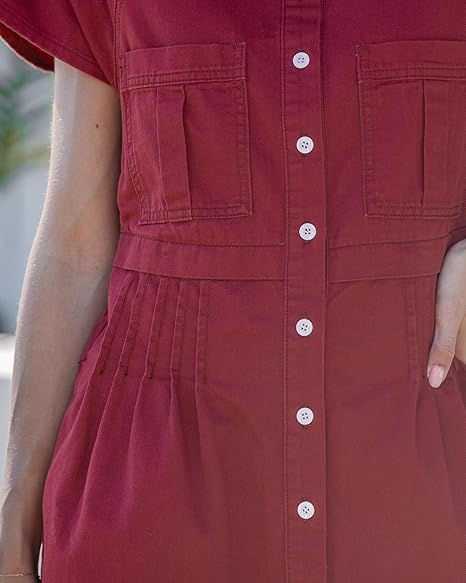 GRAPENT Denim Dresses for Women Short Sleeve Babydoll Pleated Raw Hem Distressed Casual Western Jean Dress with Pockets
