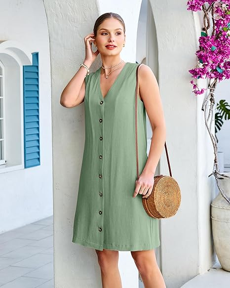 GPAPENT Linen Dresses for Women Summer Casual Sleeveless Button Down V Neck Pocket Self Tie Knee Length Loose Sun Dress