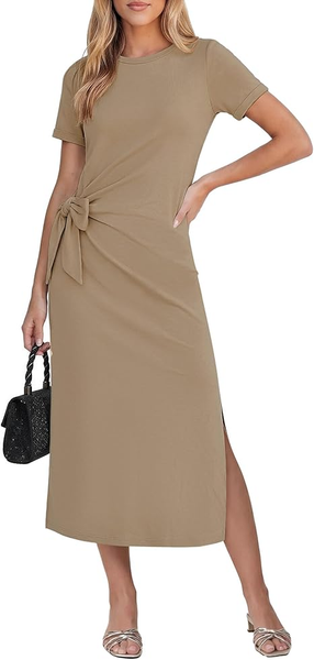 GRAPENT Long Dresses for Women Casual Summer Side Split Beach Vacation Short Sleeve Self Tie 2026 Comfy Tshirt Dress