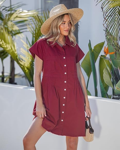 GRAPENT Denim Dresses for Women Short Sleeve Babydoll Pleated Raw Hem Distressed Casual Western Jean Dress with Pockets