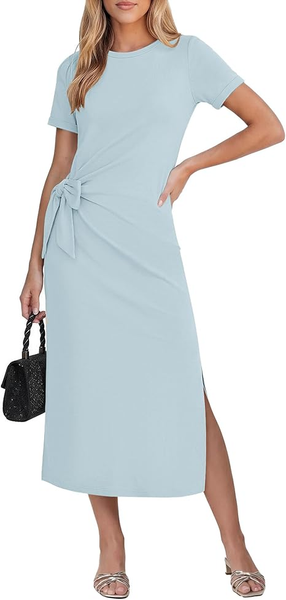 GRAPENT Long Dresses for Women Casual Summer Side Split Beach Vacation Short Sleeve Self Tie 2026 Comfy Tshirt Dress