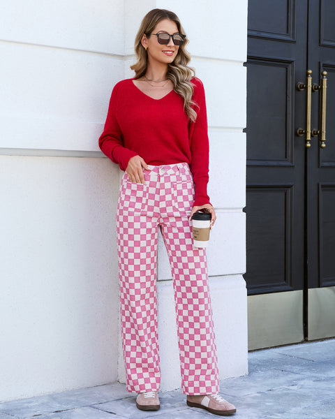 GRAPENT Women's Wide Leg Jeans High Waisted Trendy Stretchy Checkered Pants Checkerboard Print, High Rise, Wide-Leg Cut, Front Patch Pockets, Stretch Denim Pants, Weekend Casual, Classic Retro Style